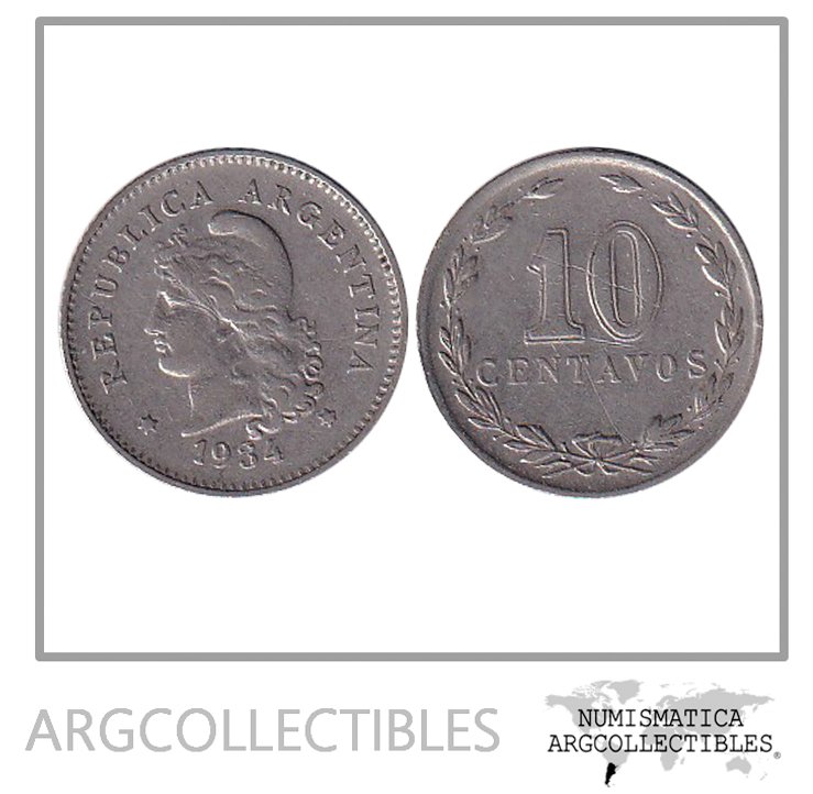 Argentina Moneda Nacional 10 Centavos 1934 Niquel Vf