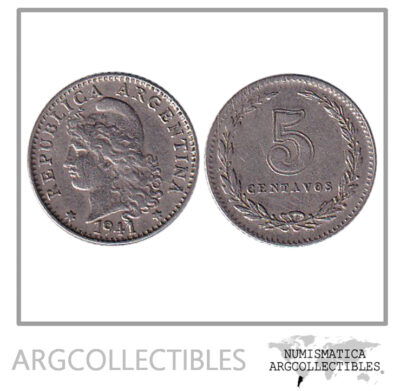 Argentina Moneda Nacional 5 Centavos 1941 Niquel Vf
