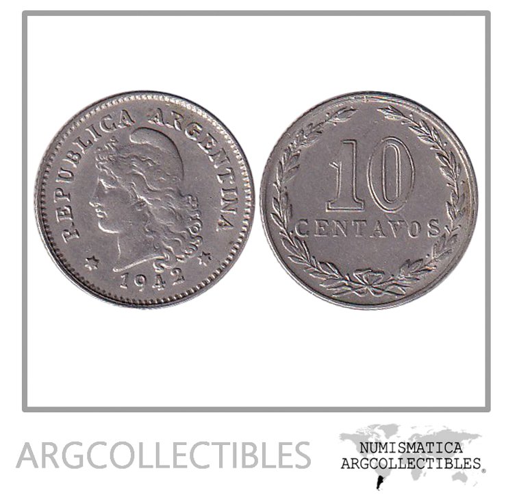 Argentina Moneda Nacional 10 Centavos 1942 Niquel Xf