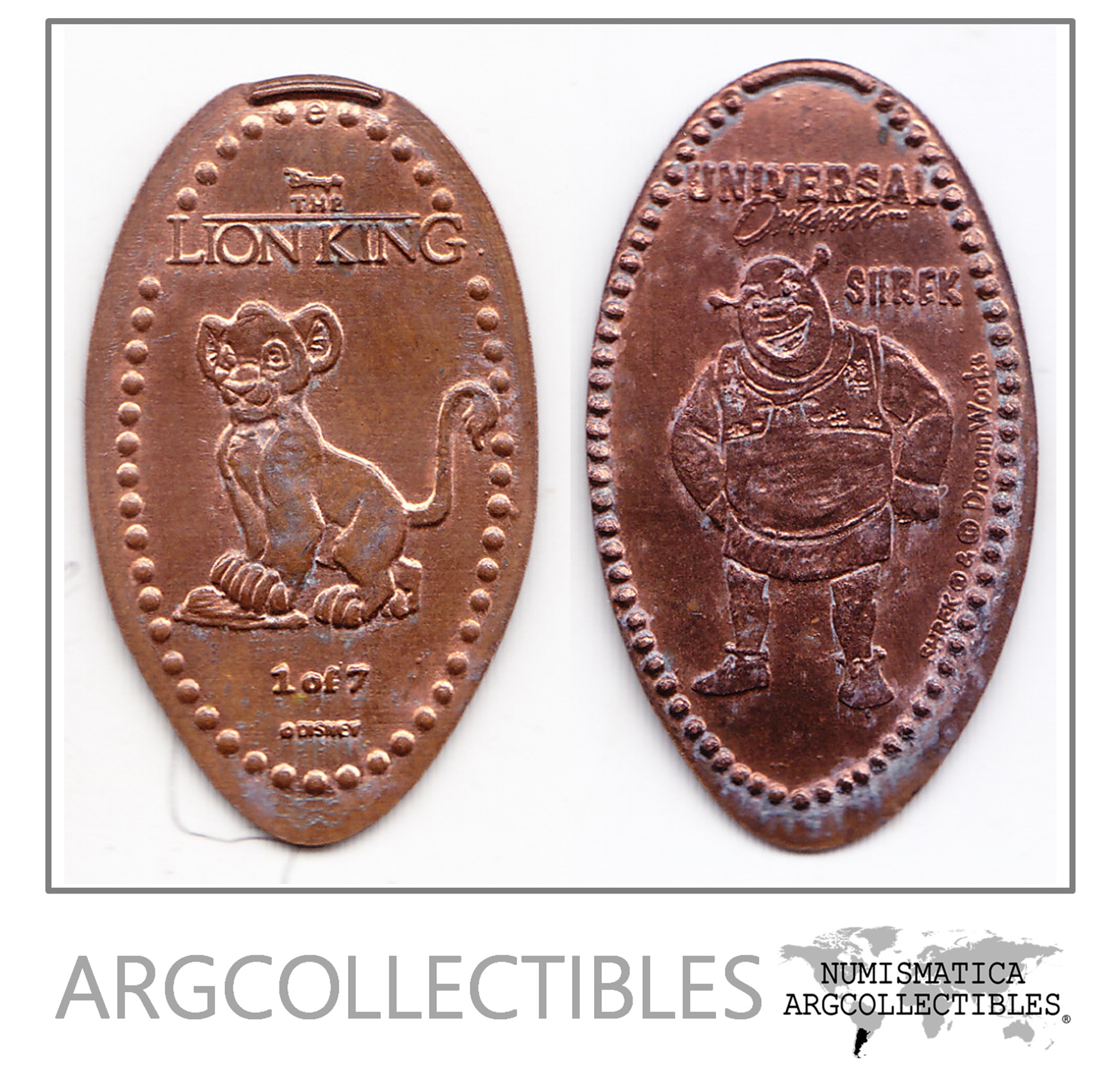 USA Lote x2 Monedas Centavos Aplastados Disney Rey Leon Shrek