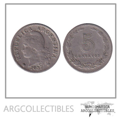 Argentina Moneda Nacional 5 Centavos 1937 Niquel Vf