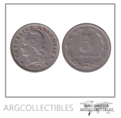 Argentina Moneda Nacional 5 Centavos 1938 Niquel Vf