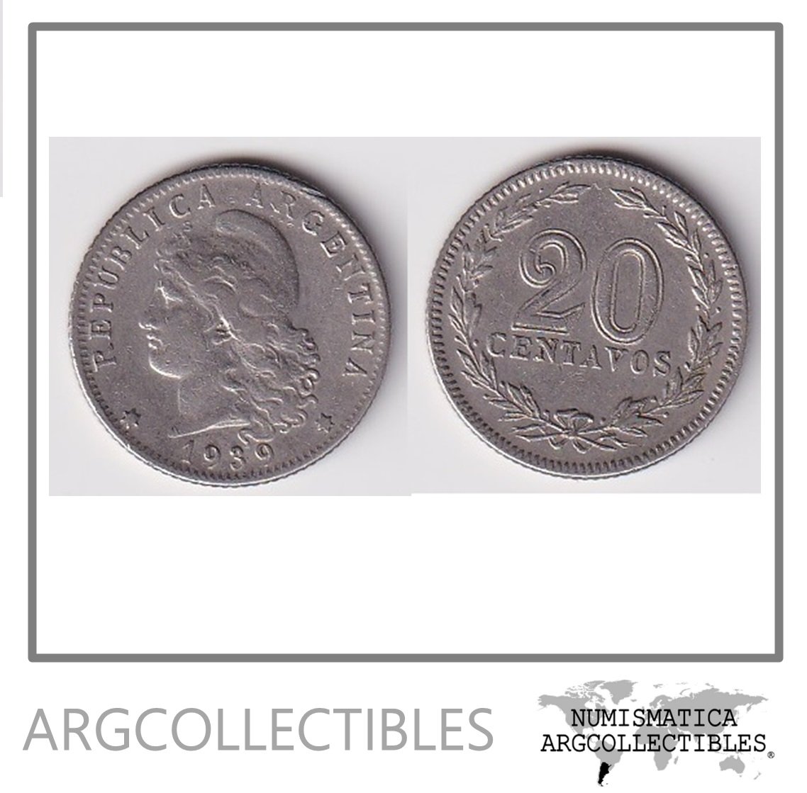 Argentina Moneda Nacional 20 Centavos 1939 Niquel Xf Xf+