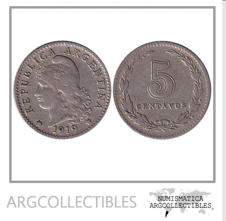 Argentina Moneda Nacional 5 Centavos 1919 Niquel Vf