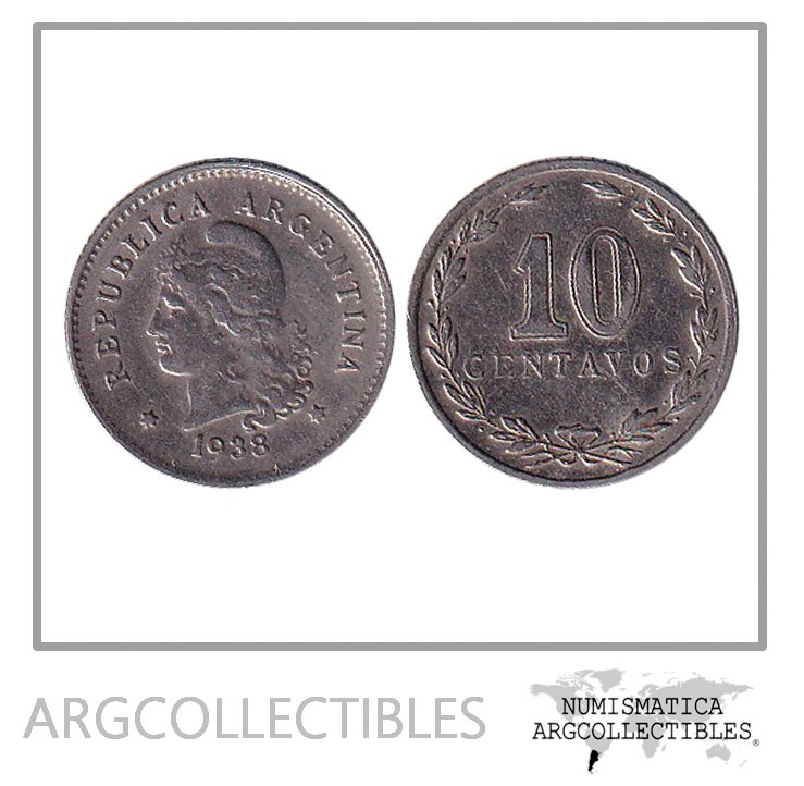 Argentina Moneda Nacional 10 Centavos 1938 Niquel Vf+