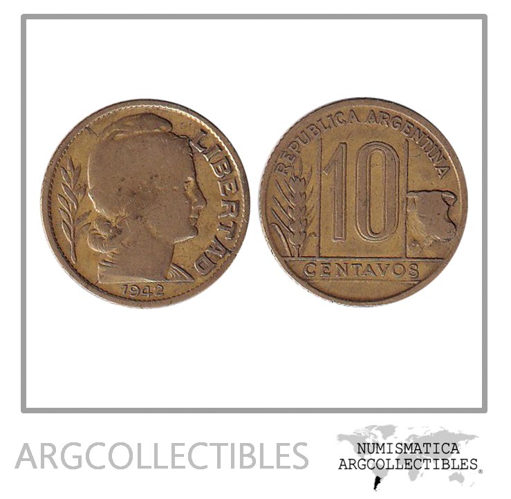 Argentina Moneda Nacional 10 Centavos 1942 Bronce Vf