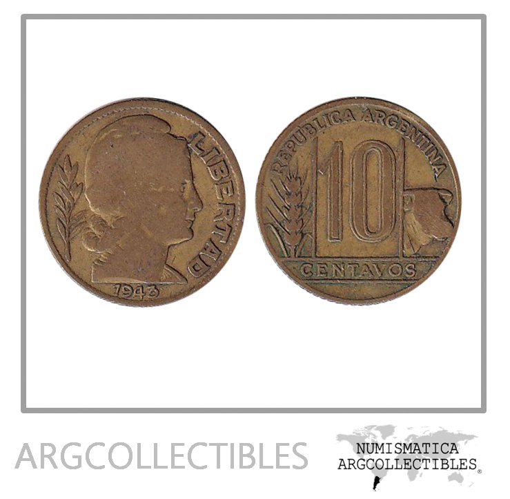 Argentina Moneda Nacional 10 Centavos 1943 Bronce Vf