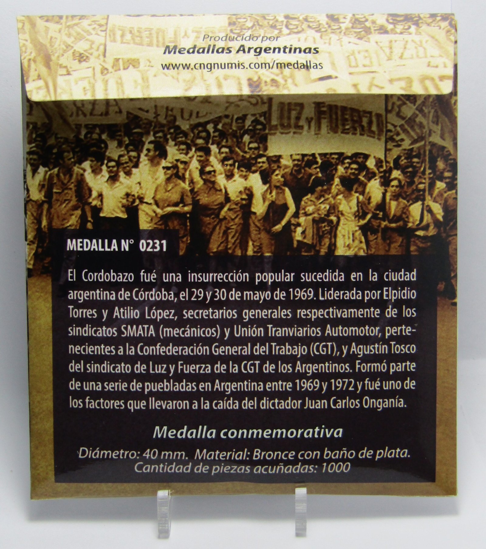 Argentina Medalla Moneda Bronce 2019 Agustin Tosco 50 Aniversario del Cordobazo Proof - Imagen 4