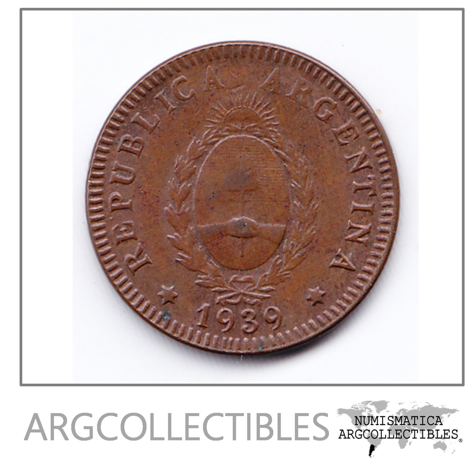 Argentina Moneda Nacional 2 Centavos 1939 Cobre Xf