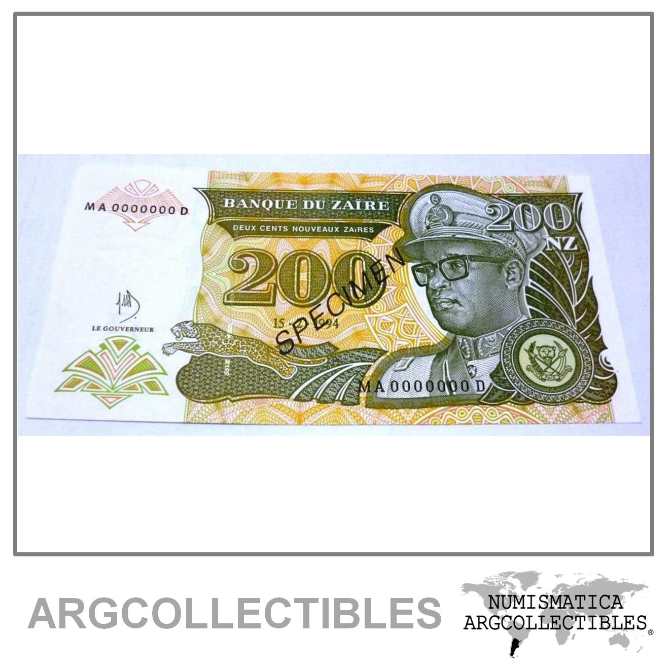 ZAIRE Billete 200 Nuevos Zairess, P.62s UNC 1994 - Especimen Negro MA0000000D