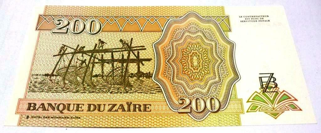 ZAIRE Billete 200 Nuevos Zairess, P.62s UNC 1994 - Especimen Negro MA0000000D - Imagen 2