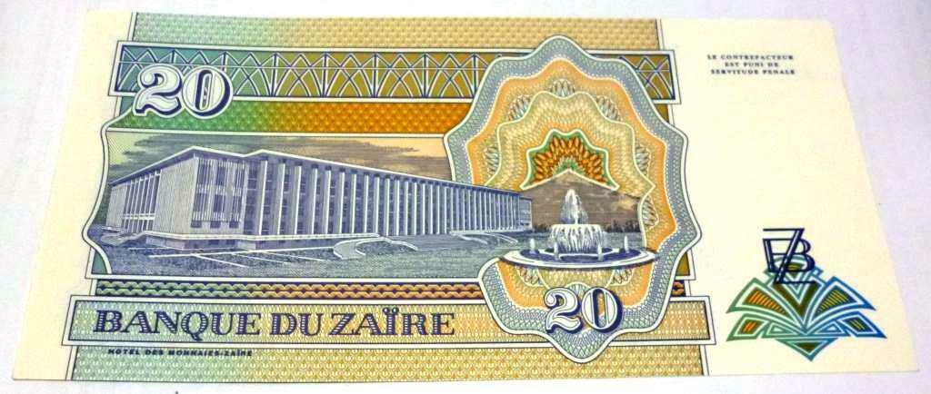 ZAIRE Billete 20 Nuevos Zairess, P.56s UNC 1993 - Especimen Negro No Serial - Imagen 2