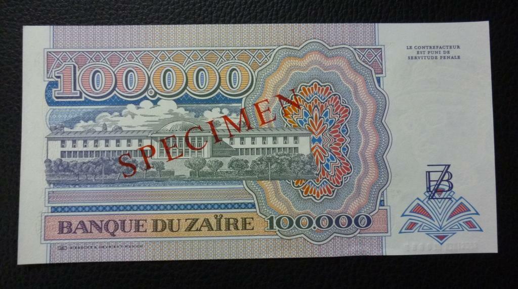 ZAIRE Billete 100000 Zaire, Pick 41s UNC 1992 - Especimen - Imagen 2