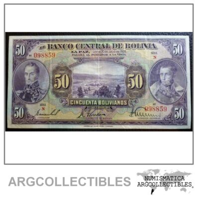 Bolivia Billlete 50 Bolivianos, P.124 VF+ 1928 (Series N)