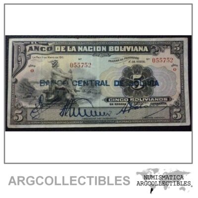 Bolivia Billlete 5 Bolivianos, Pick 113 VF- 1911(1929) (Banco Central)