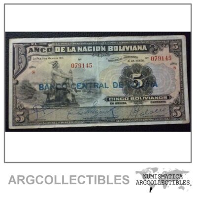 Bolivia Billlete 5 Bolivianos, Pick 113 VF- 1911(1929) (Banco Central) S