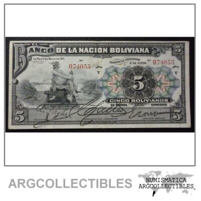 Bolivia Billlete 5 Bolivianos, Pick 105a VF 1911 (Banco de la Nacion)