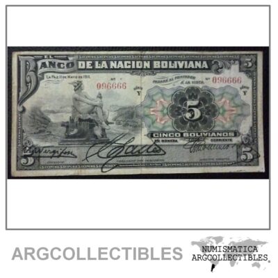 Bolivia Billlete 5 Bolivianos, Pick 105a F+ 1911 (Banco de la Nacion) Y