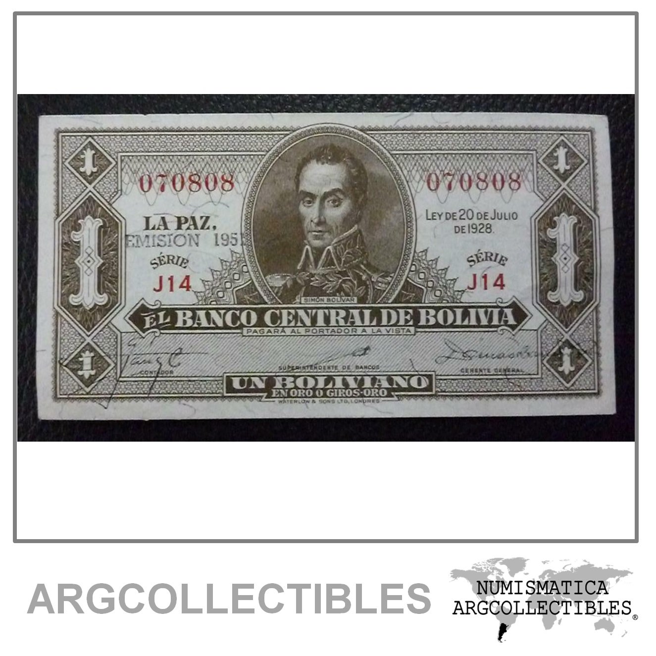 Bolivia Billlete 1 Boliviano, Pick 128b AU- 1951 (Series J14)