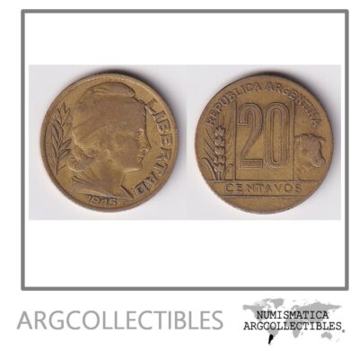 Argentina Moneda Nacional 20 Centavos 1945 Bronce Vf+