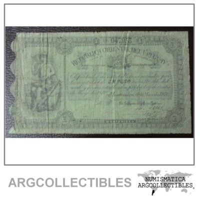 URUGUAY Billete 1 Peso, Pick A110 F+ 1870 Junta de Credito Publico