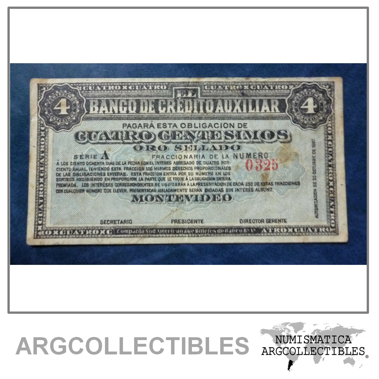 Uruguay Banco De Credito Auxiliar 4 Centesimos 1887 Pick-S161r CRISP UNC 
