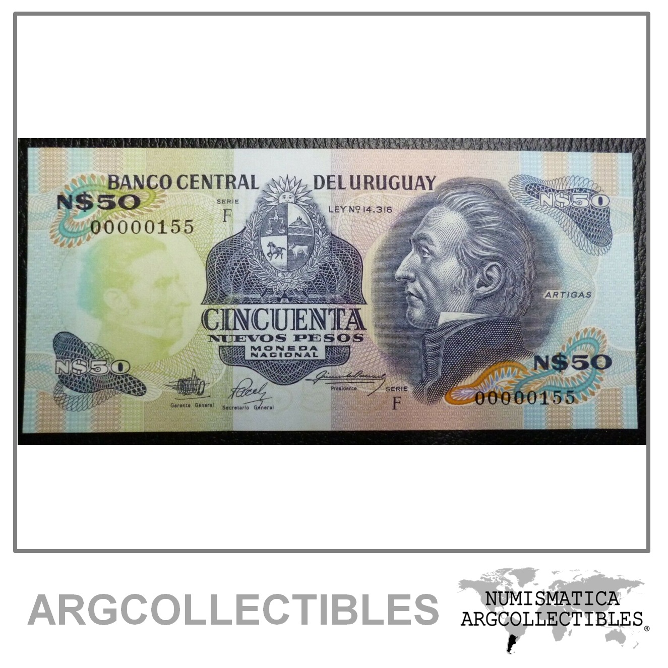 URUGUAY Billete 50 Nuevos Pesos, P.61A UNC 1988 (Serial Bajo #155)