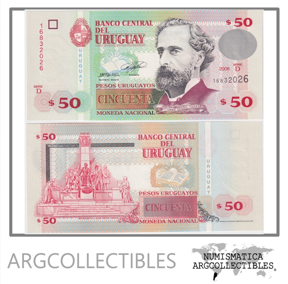 URUGUAY Billete 50 Pesos 2008 P-87a UNC (SERIE D)