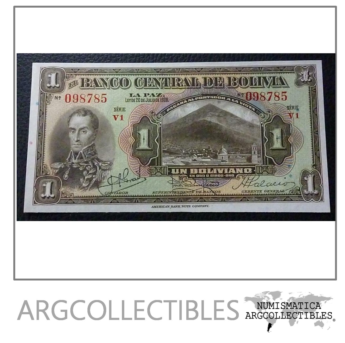 BOLIVIA Billete 1 Boliviano, Pick 118 UNC 1928 (Series V1)