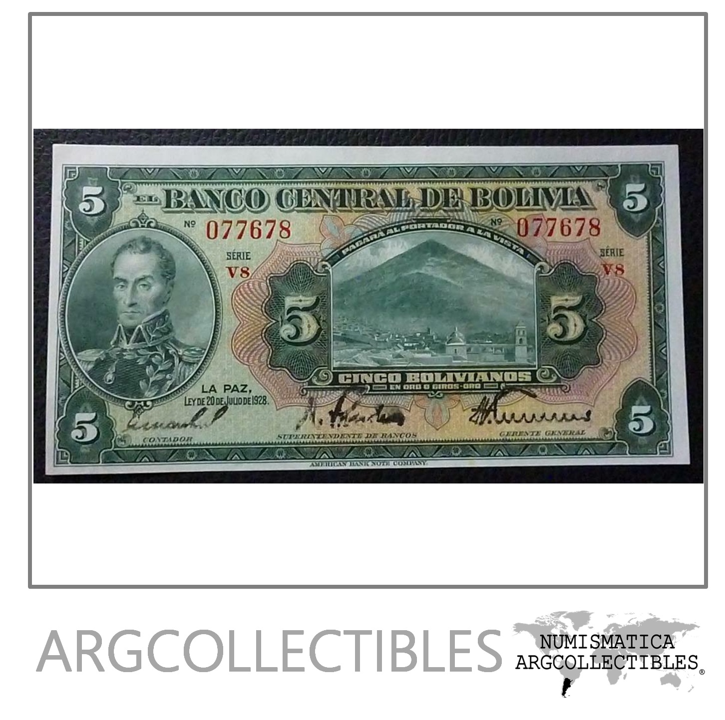 BOLIVIA Billete 5 Bolivianos, Pick 120 AU 1928 (Series V8)