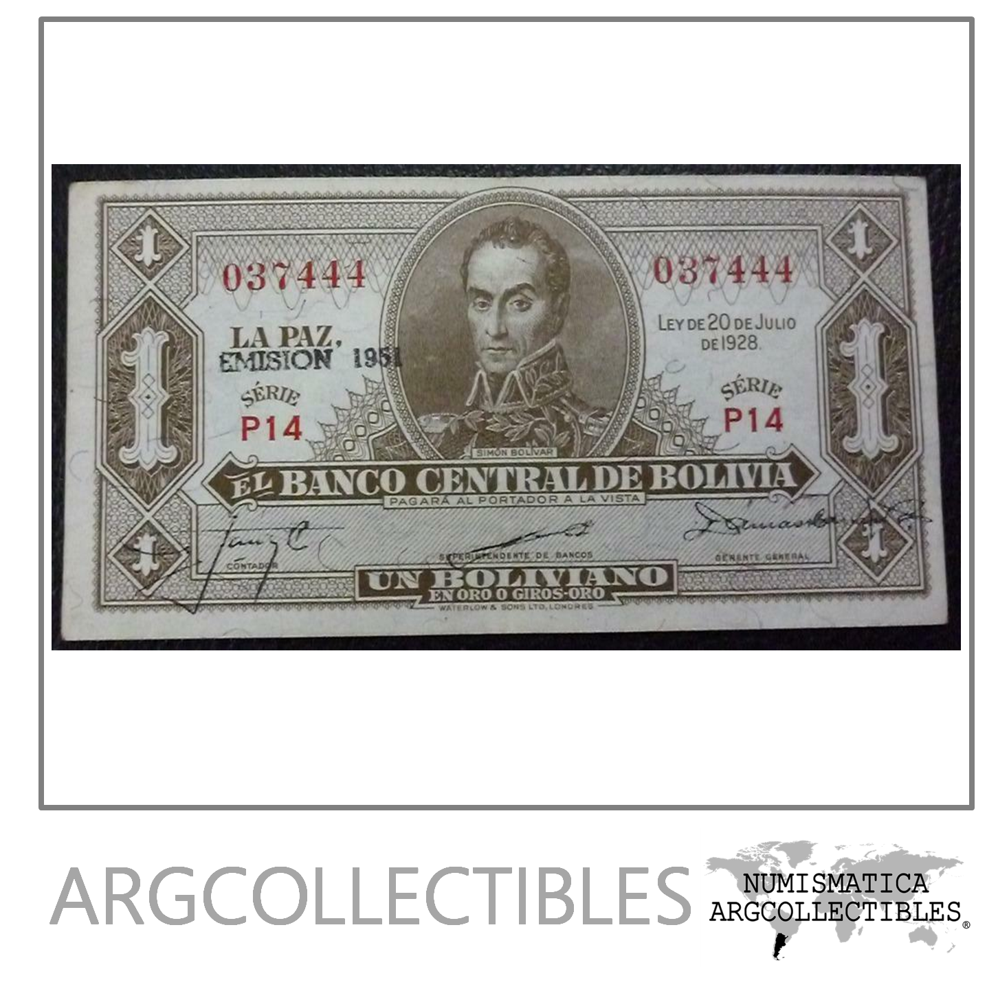 Bolivia Billete 1 Boliviano Pick 128B Año 1951 XF (Serie P14)