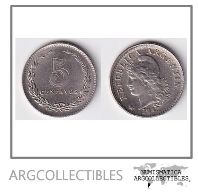 Argentina Moneda Nacional 5 Centavos 1942 Niquel Au