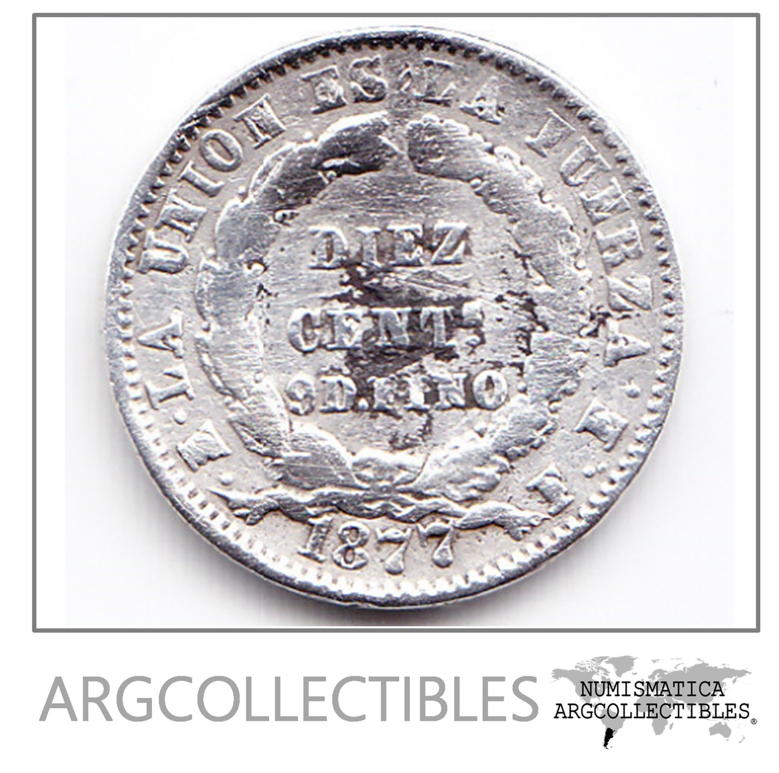 Bolivia Moneda 10 Centavos Plata 900 1877 Km-158.2 Vf