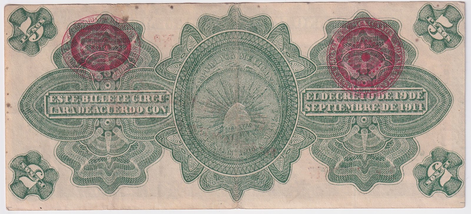 Mexico Billete 5 Pesos Revalidado 1914 P-s702b / M-1240 XF - Imagen 2