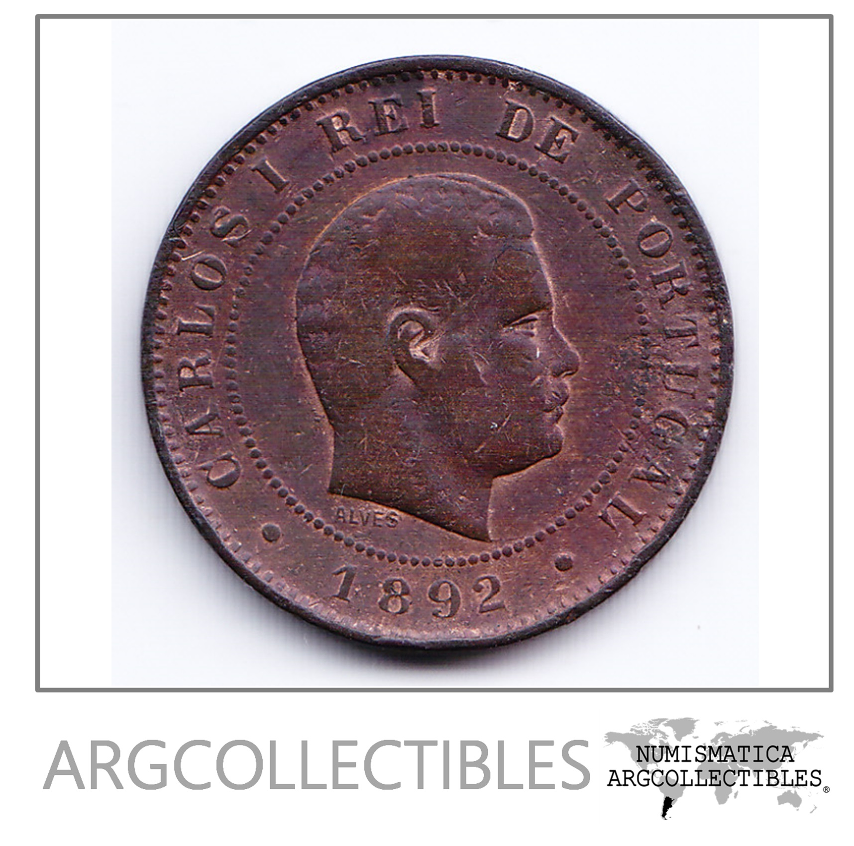 Portugal Moneda 10 Reis Bronce 1892 Rey Carlos I Km-532 Vf+