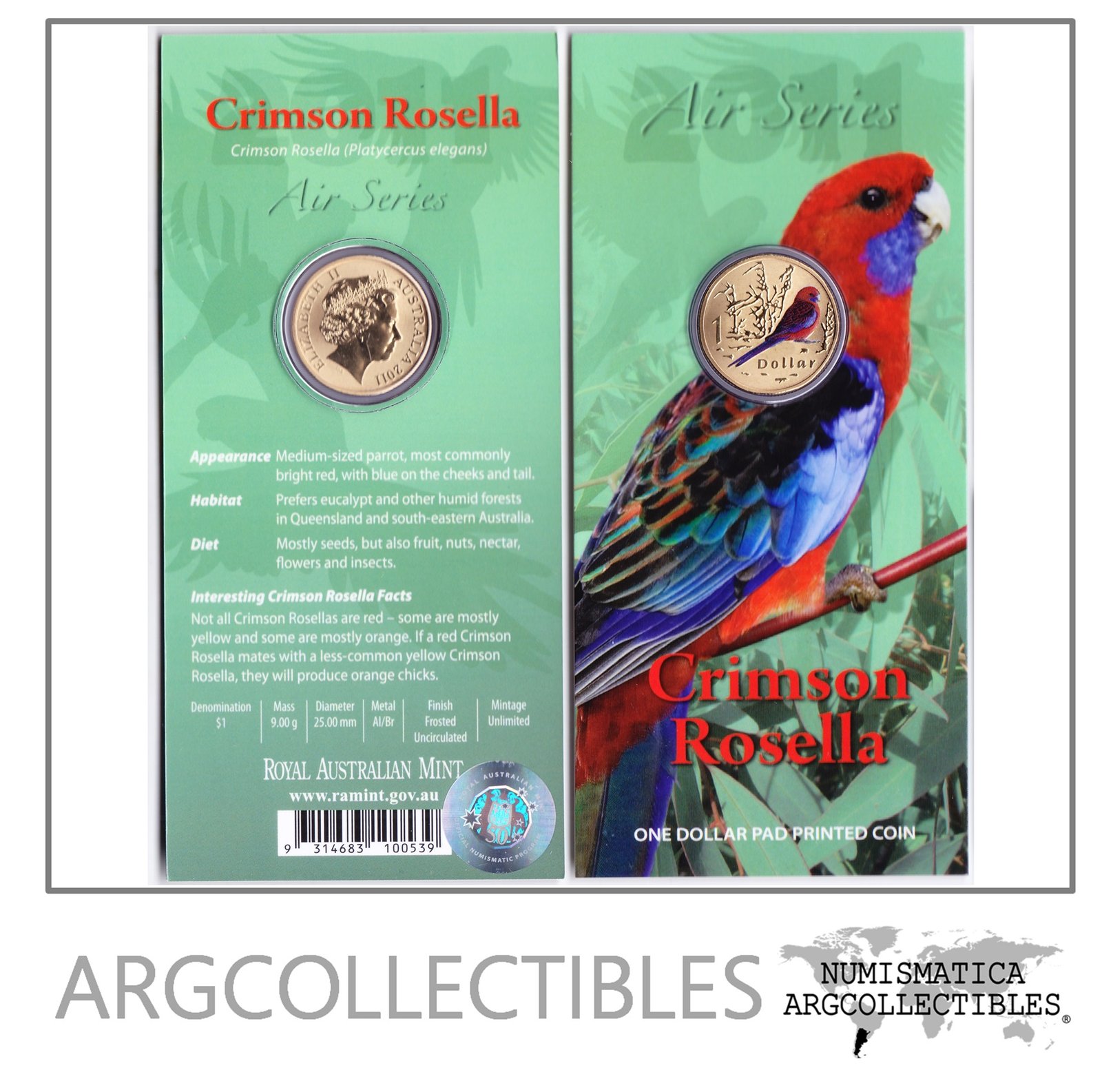 Australia Moneda Blister 1 Dolar Bronce 2011 Crimson Rosella Color Unc