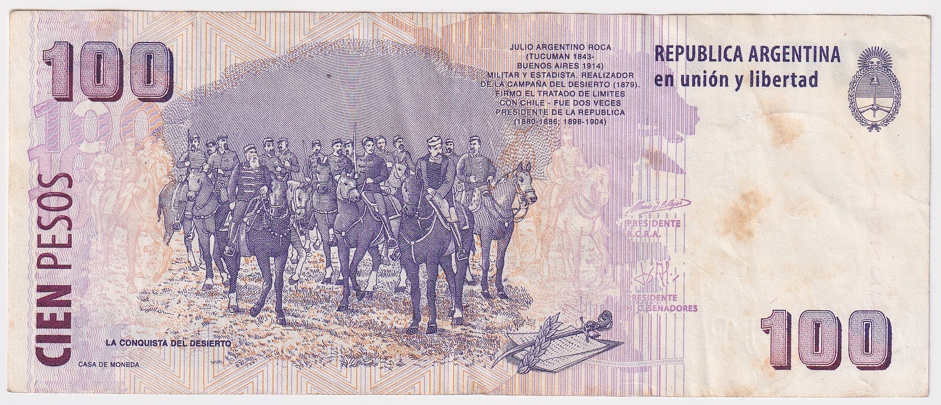 ARGENTINA Billete 100 Pesos P-351 / BOT-3711 VF+ 2002 Serie B - Imagen 2