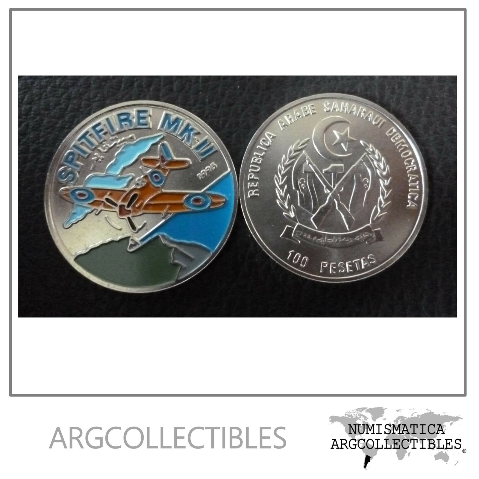 Saharaui Moneda100 Pesetas, KM23 UNC 1995 - Spitfire MKII Avion (Color)