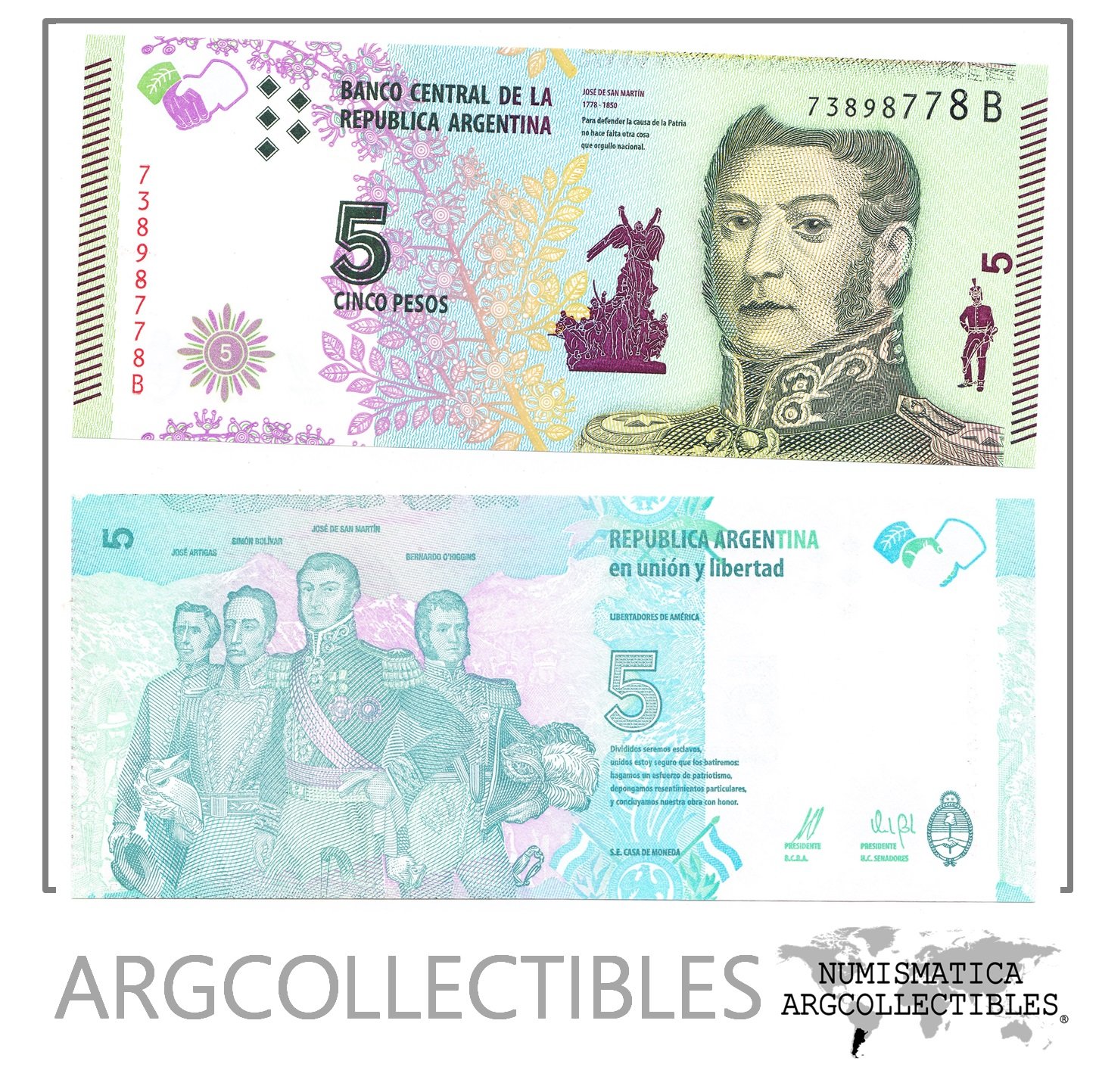 Argentina Billete 5 Pesos P-359 / BOT-3902 UNC 2015 Serie B