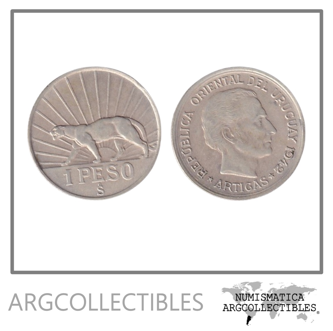 URUGUAY Moneda de Plata 1 Peso, KM30 XF+ 1942 so (Puma)