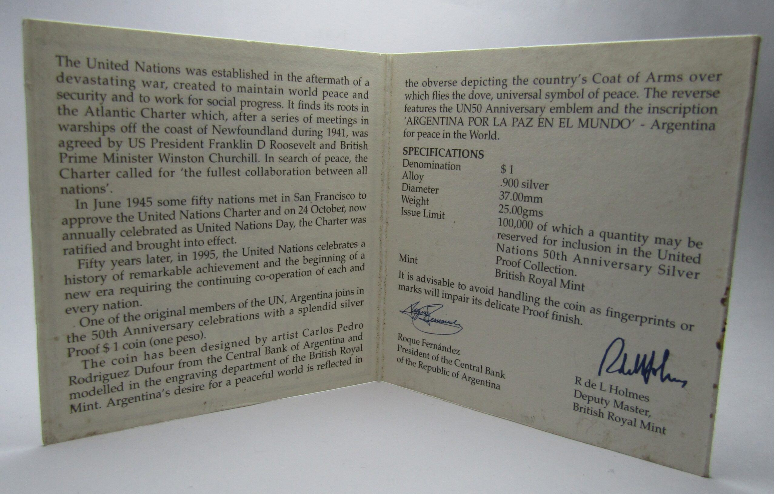 Argentina Moneda Estuche 1 Peso Plata 1995 ONU Km-126 Proof - Imagen 4