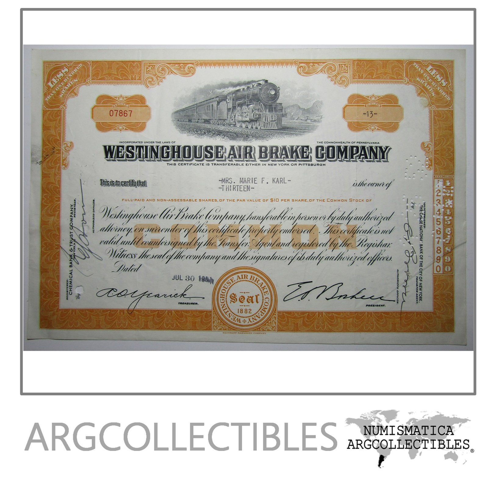 Usa Año 1952 Accion Ferrocarril Westinghouse Air Brake Company