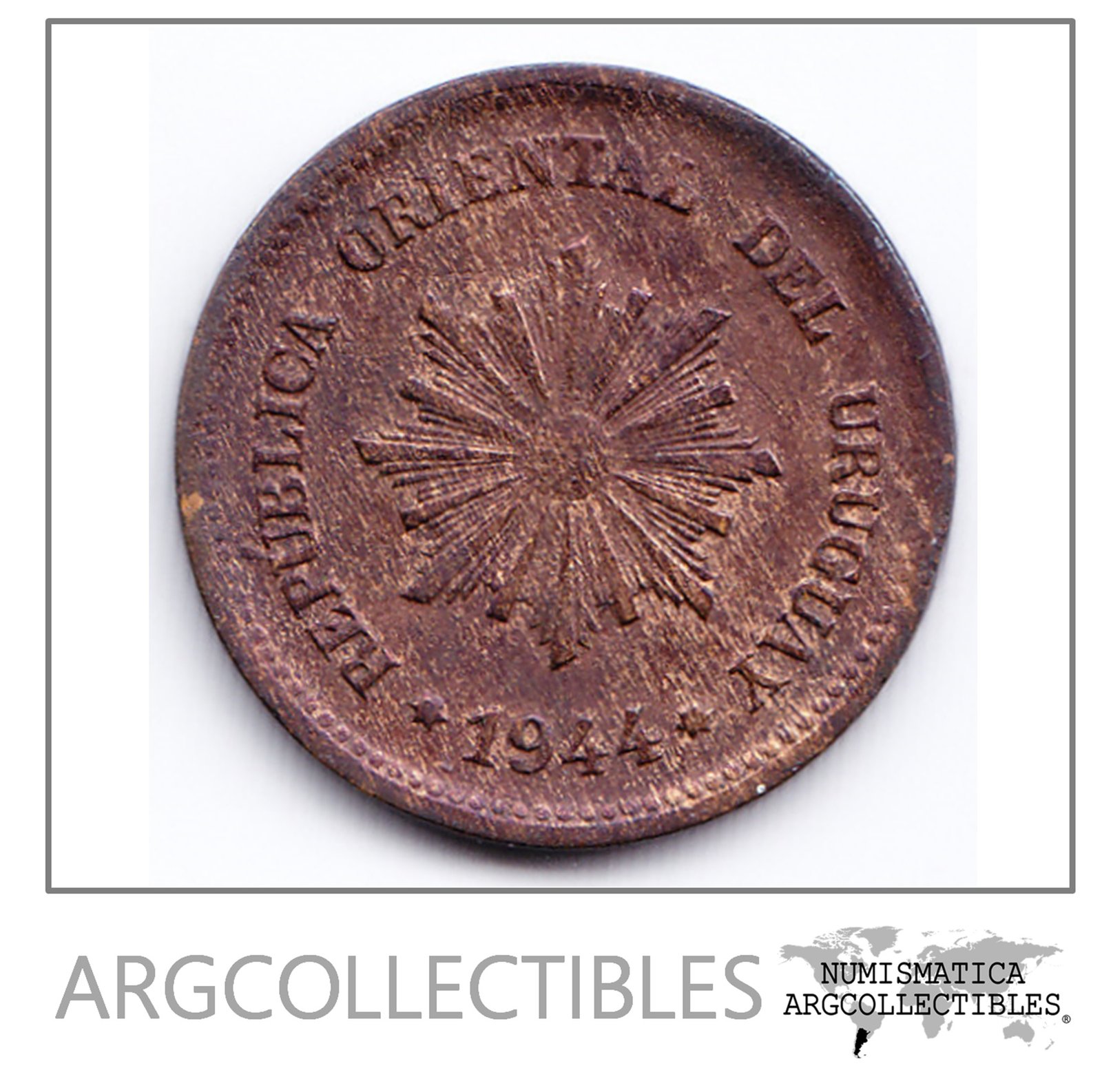 Uruguay Moneda 2 Centesimos Cobre 1944 Km-20a Au