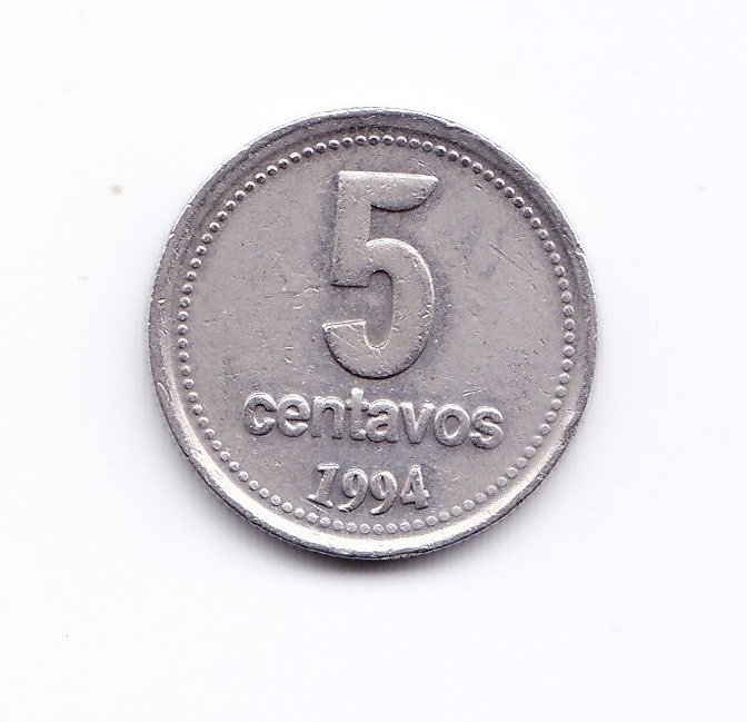 Argentina Moneda 5 Centavos 1994 Niquel / Error en la Cara del Sol AU - Imagen 2