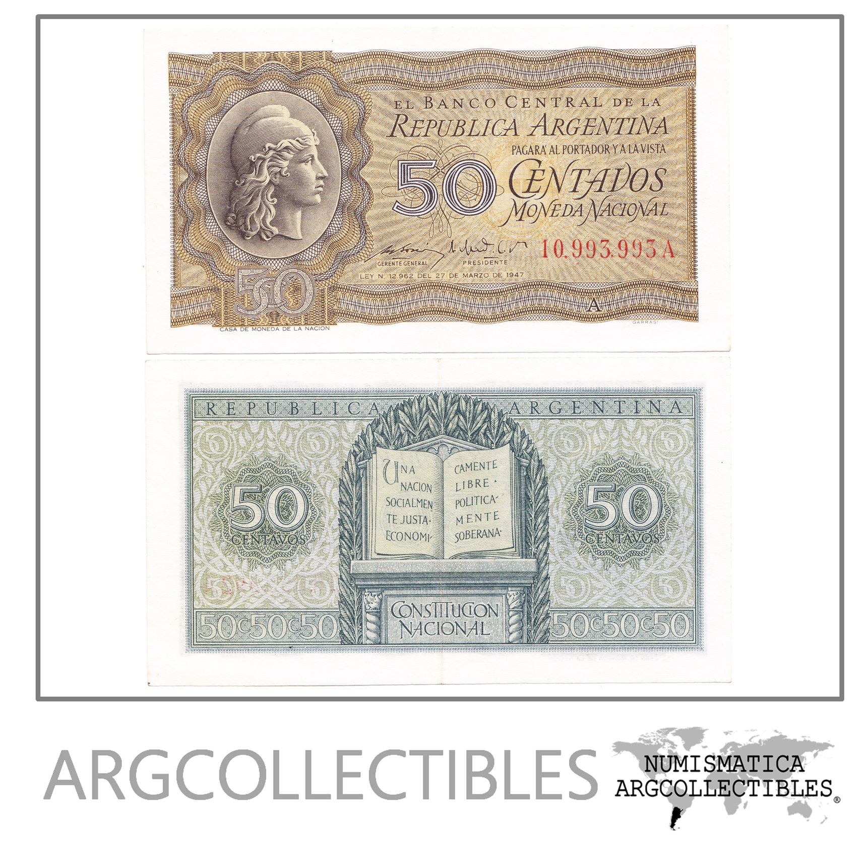 Argentina Billete 50 Centavos 1950 P-261/BOT-1901 XF (Serie A)