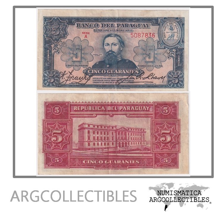Paraguay Billete 5 Guaranies 1943 Toranzo Chaves P-179 2 Vf+