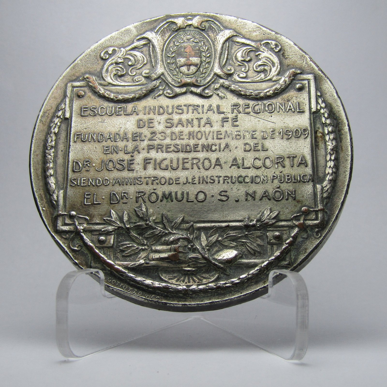 Argentina Medalla Santa Fe Cobre 1909 Escuela Industrial Arte Noveau - Imagen 2