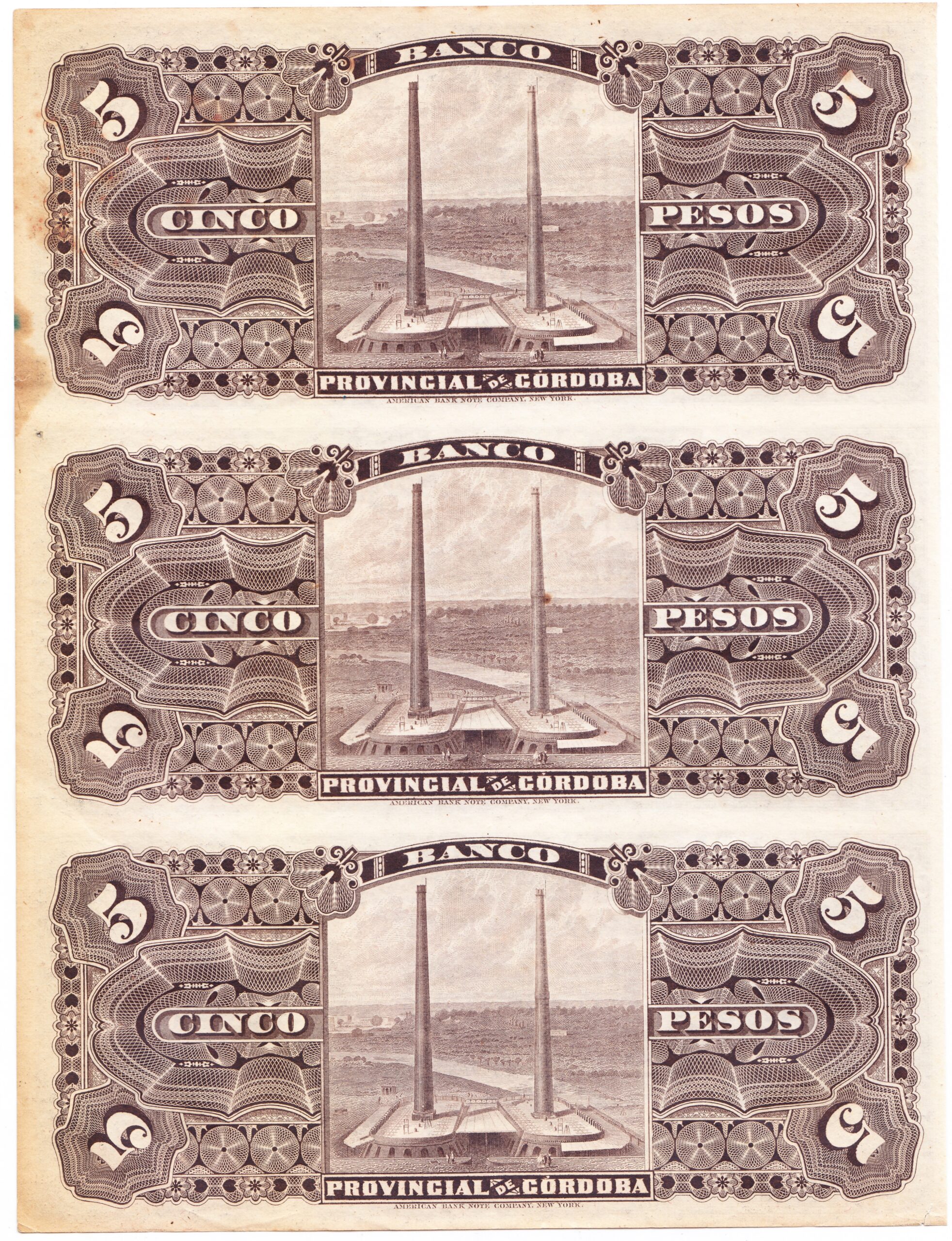 Argentina Cordoba Billete 5 Pesos Año 1889 Hoja x3 Billetes P-S-742R/B- Au (Detalles) - Imagen 2