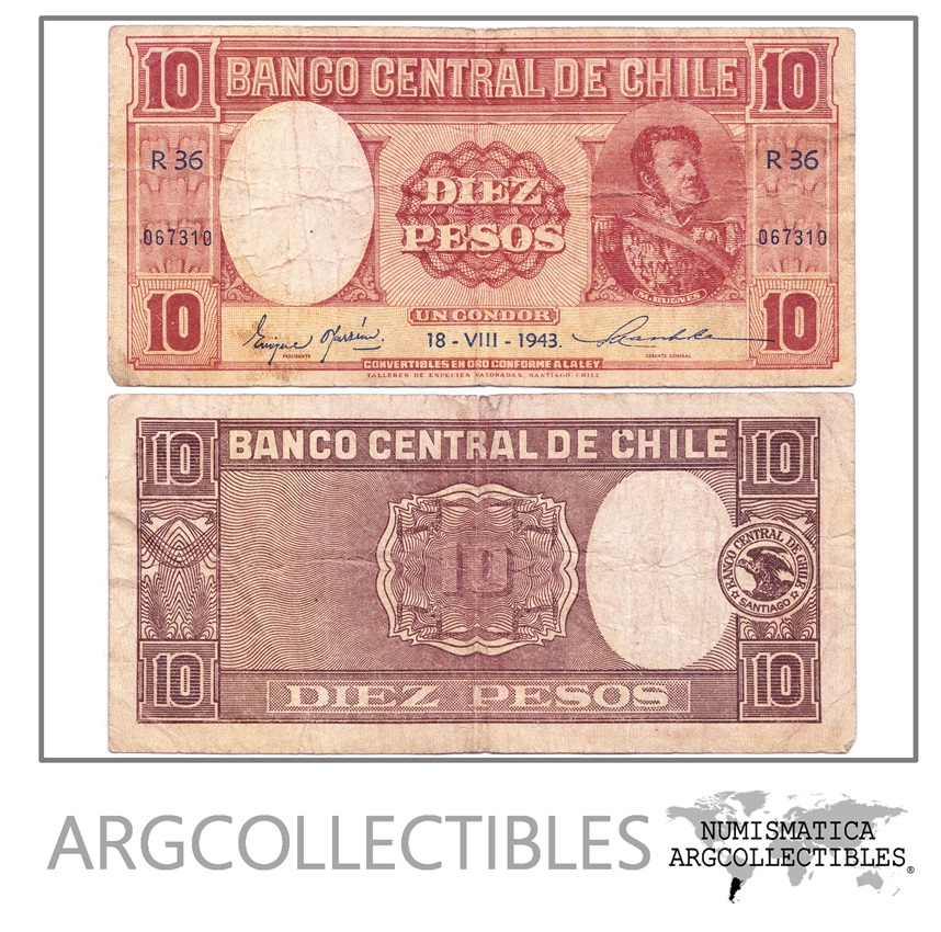 Chile Billete 10 Pesos Año 1943 P-92d Condicion Vf-