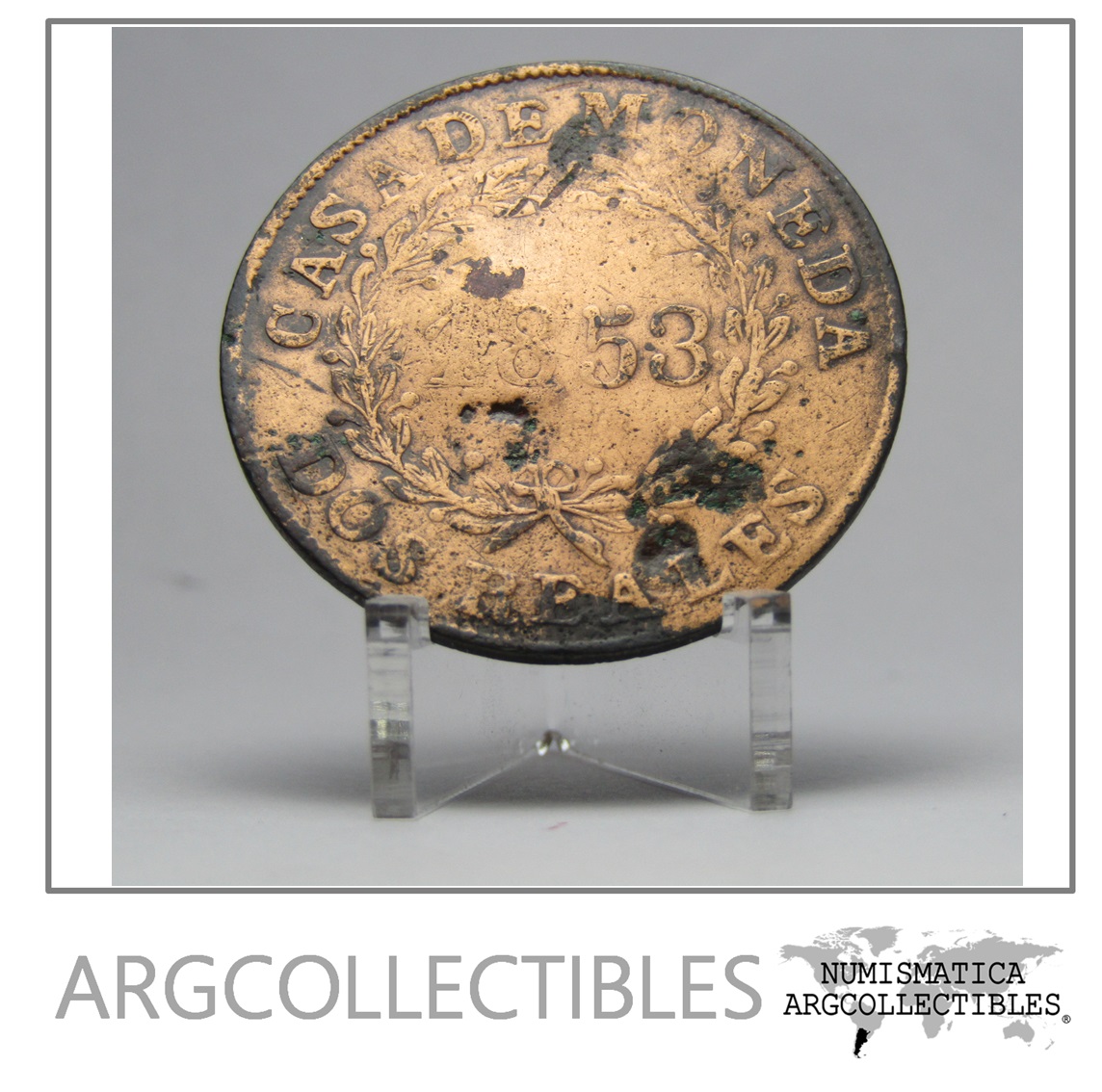 Argentina Moneda 2 Reales Cobre 1853 Buenos Aires Km-9 F